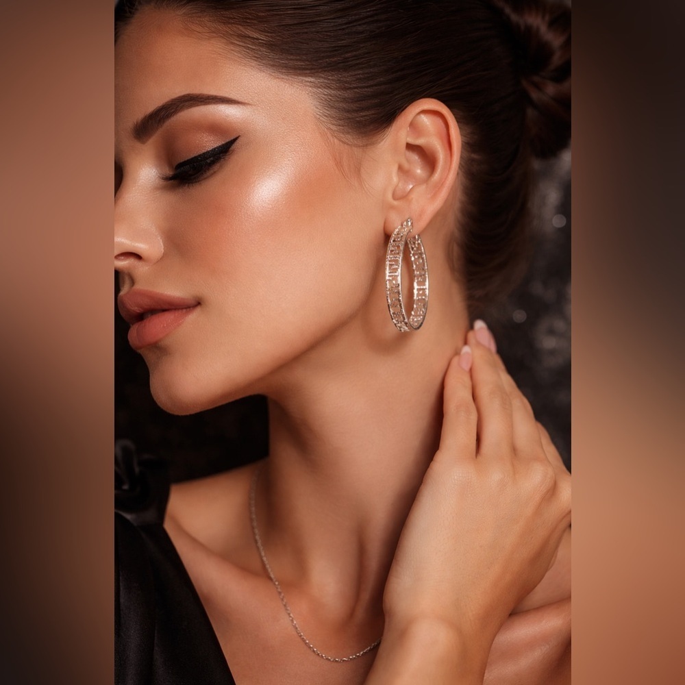 Luxury Silver Greek Key Hoop Earrings - Picture 3 of 4